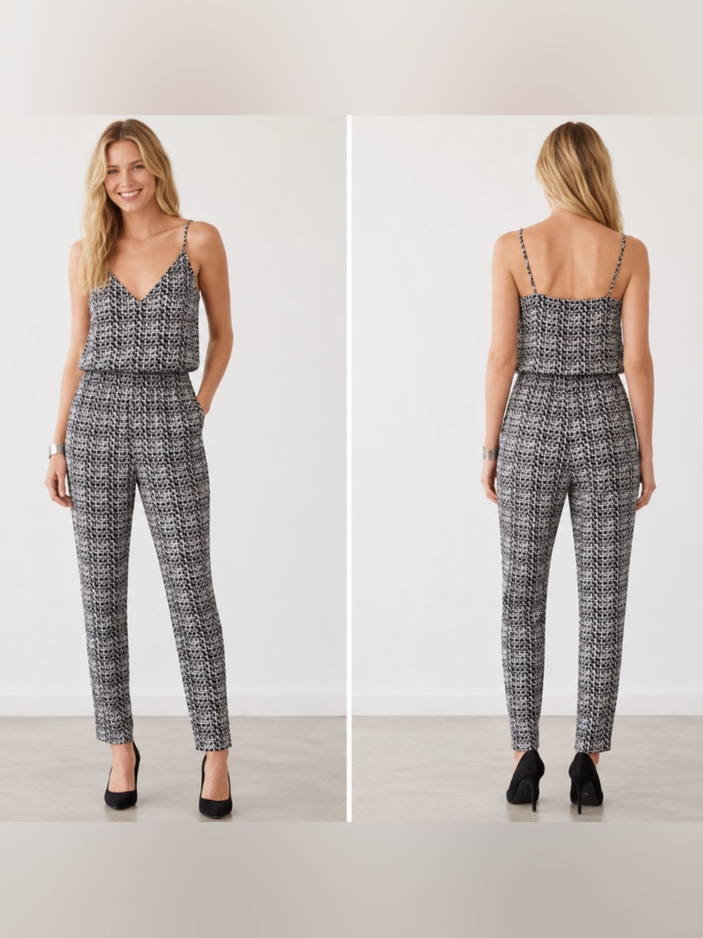 Express Black & White Printed Spaghetti-Strap Jumpsuit | Size 4 |